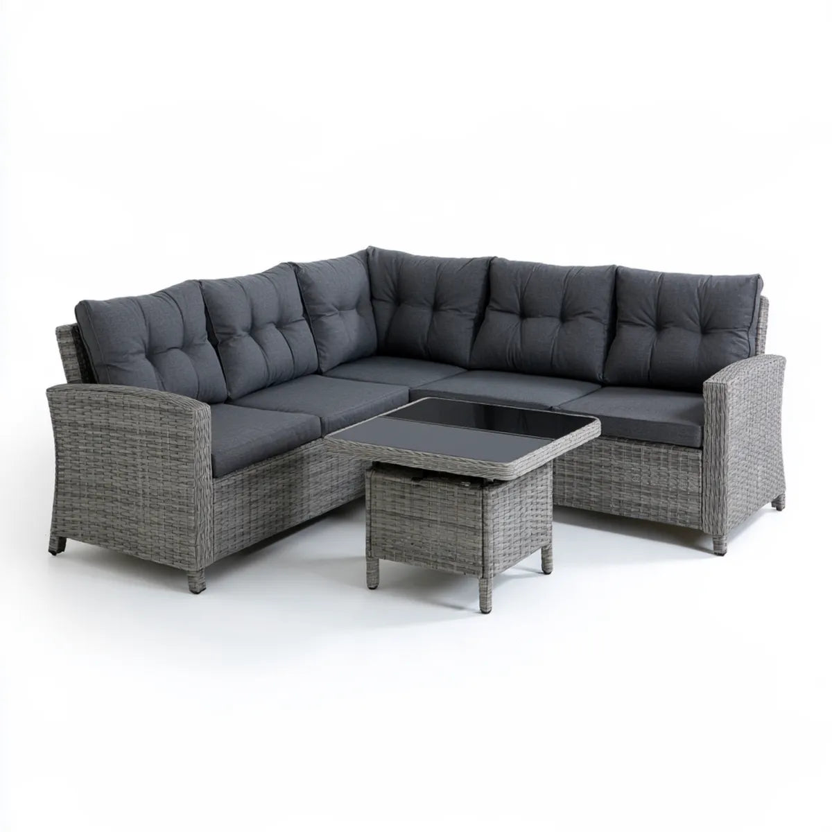 Outdoor Patio 3-Piece Gray PE Rattan L-Shaped Sectional Sofa Set with Black Glass Coffee Table, 210 x 210 x 85 cm