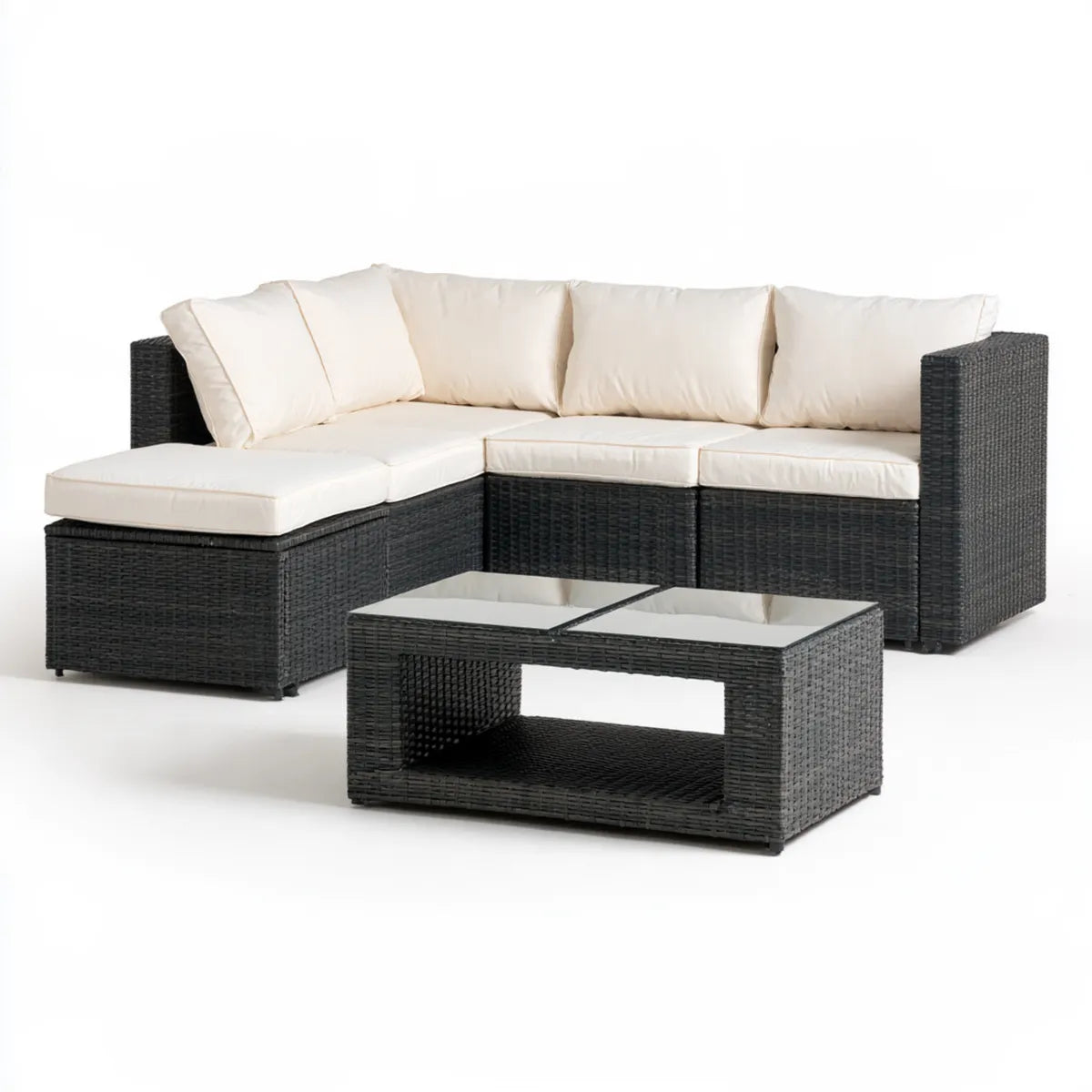 Outdoor Patio 4-Piece L-Shaped Sectional Sofa Set with Coffee Table, 76.8 x 47.2 x 25.6 in, Black PE Rattan with Cream Polyester Cushions