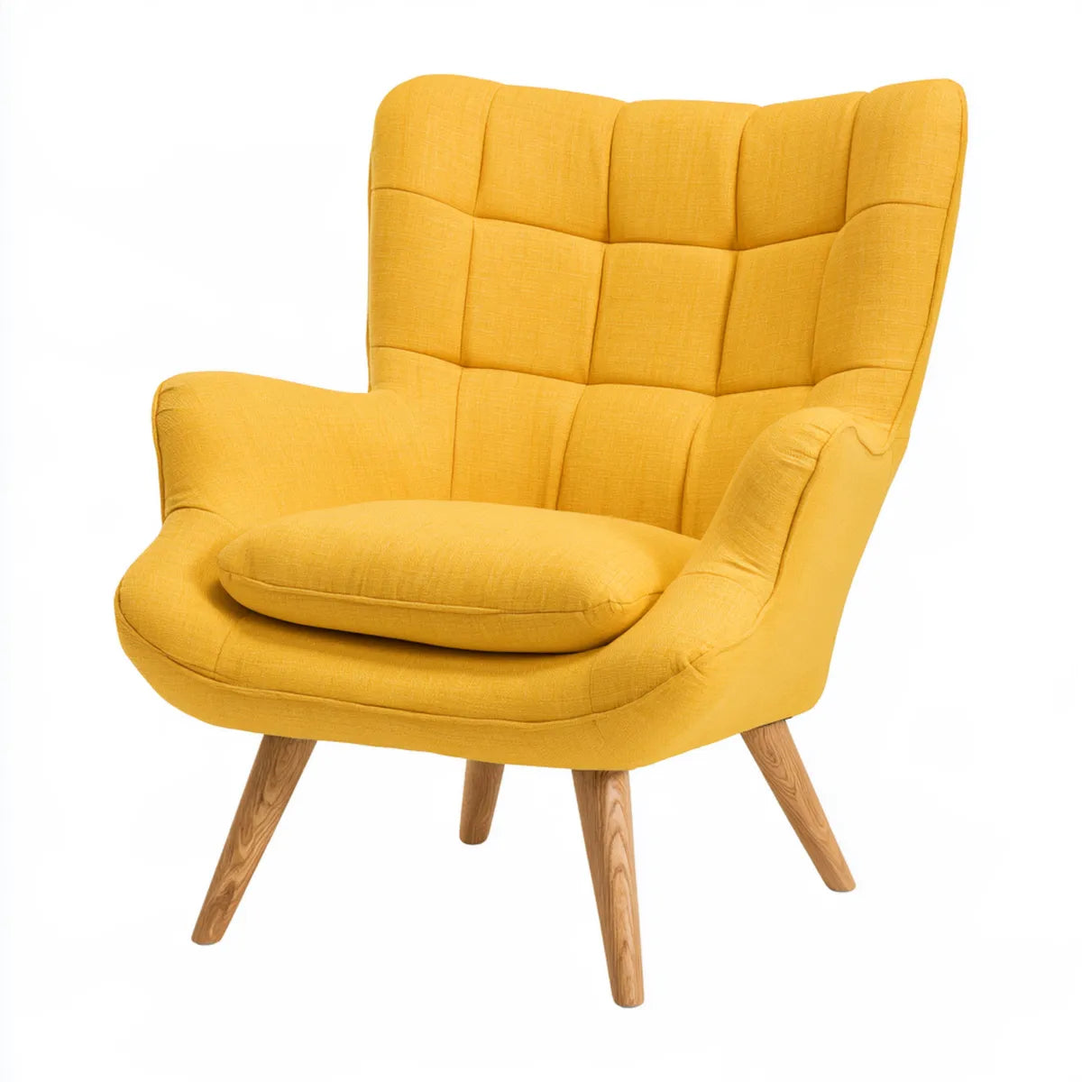 Yellow Polyester Upholstered Wingback Armchair with High Back, Solid Rubberwood Legs, 31.5 x 33 x 41 in
