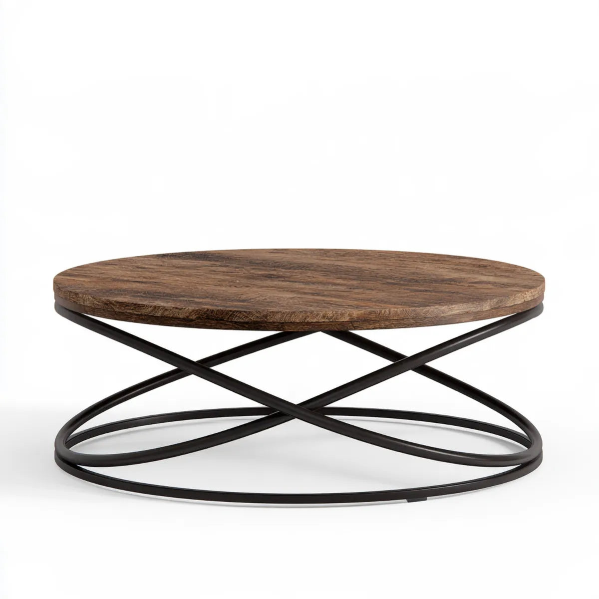 36 in Round Coffee Table with Solid Wood Top and Black Metal Base, 16 in High