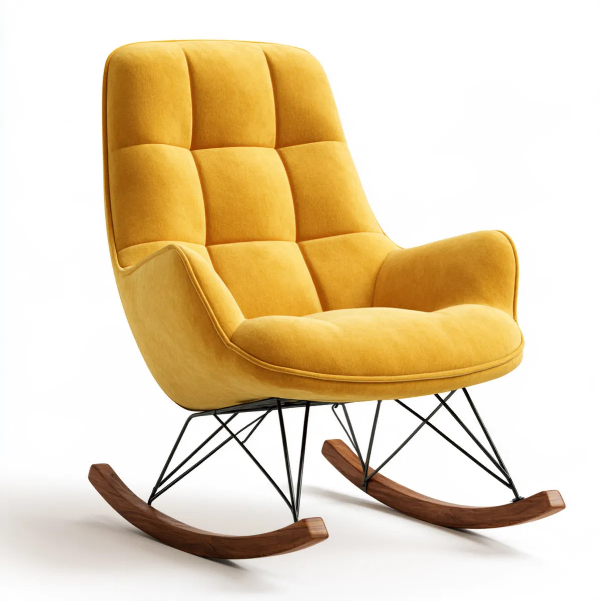 Mustard Yellow Polyester Velvet Rocking Chair, 30.7 in W x 35.4 in D x 39.4 in H, Curved High-Back Armchair with Wood Runners