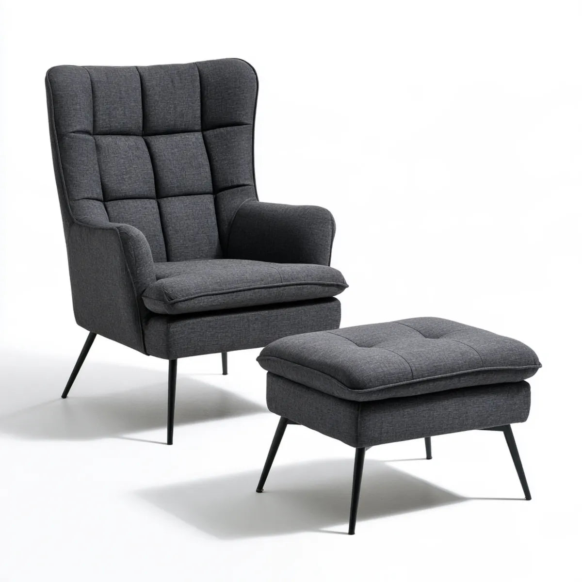 Wingback Armchair and Ottoman Set, 31.5 x 34.3 x 42.1 in, Dark Gray Polyester Upholstery, Steel Legs