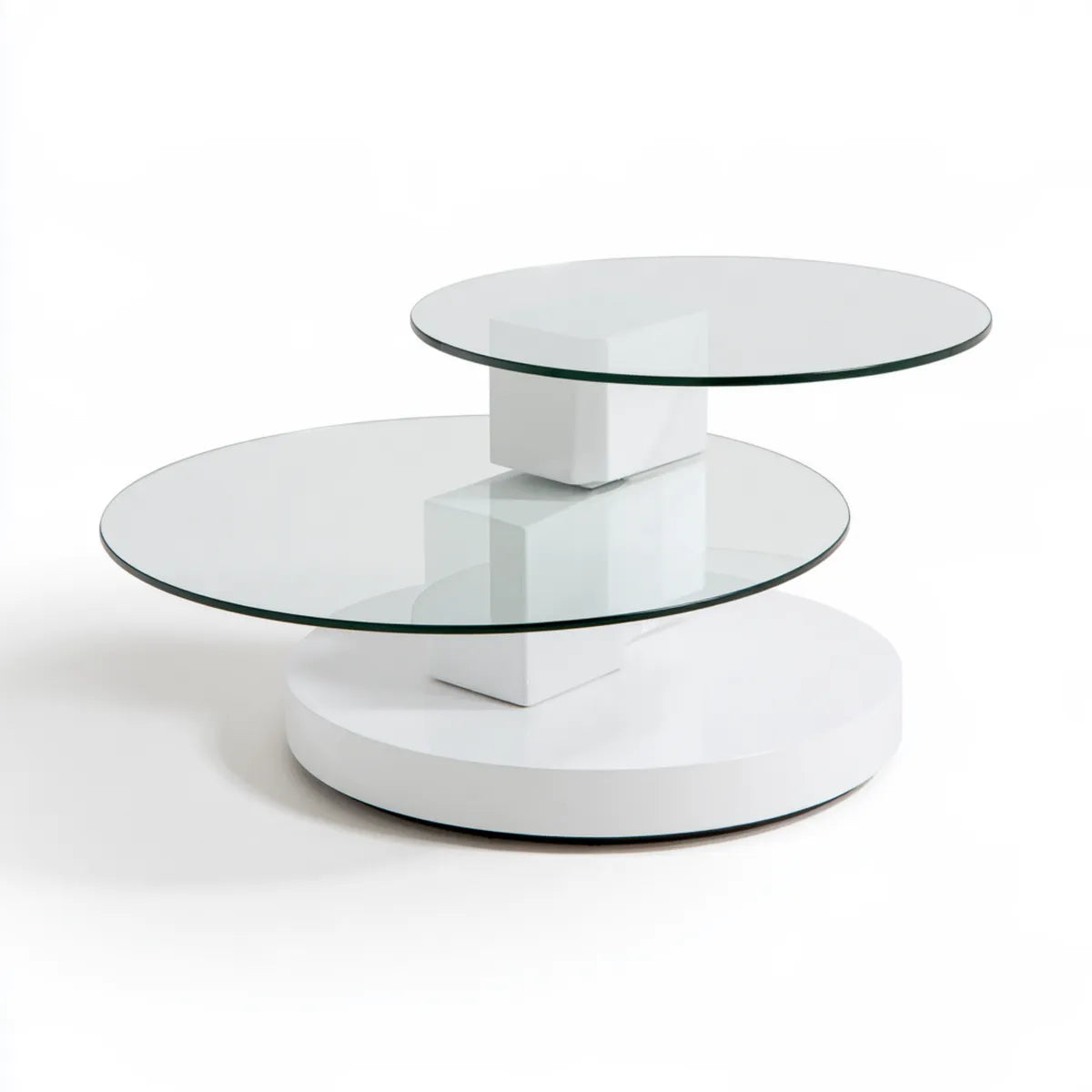 Round Glass Coffee Table, 35.4 in Diameter x 17.7 in H, White MDF Base with 2 Tempered Glass Tiers