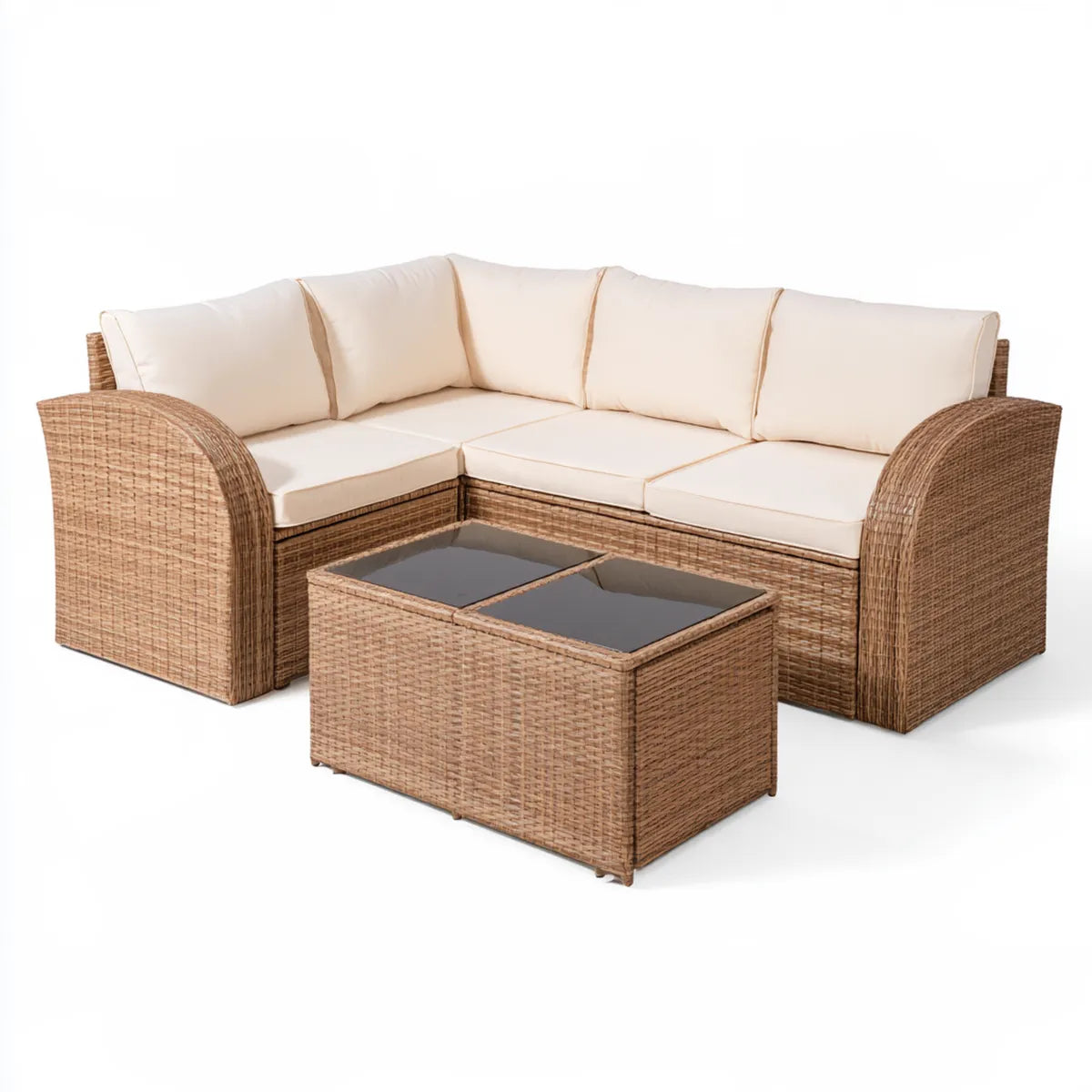 4-Piece Outdoor PE Rattan Corner Sofa Set with Tempered Glass Coffee Table, Natural Brown and Cream, 187 x 187 x 70 cm