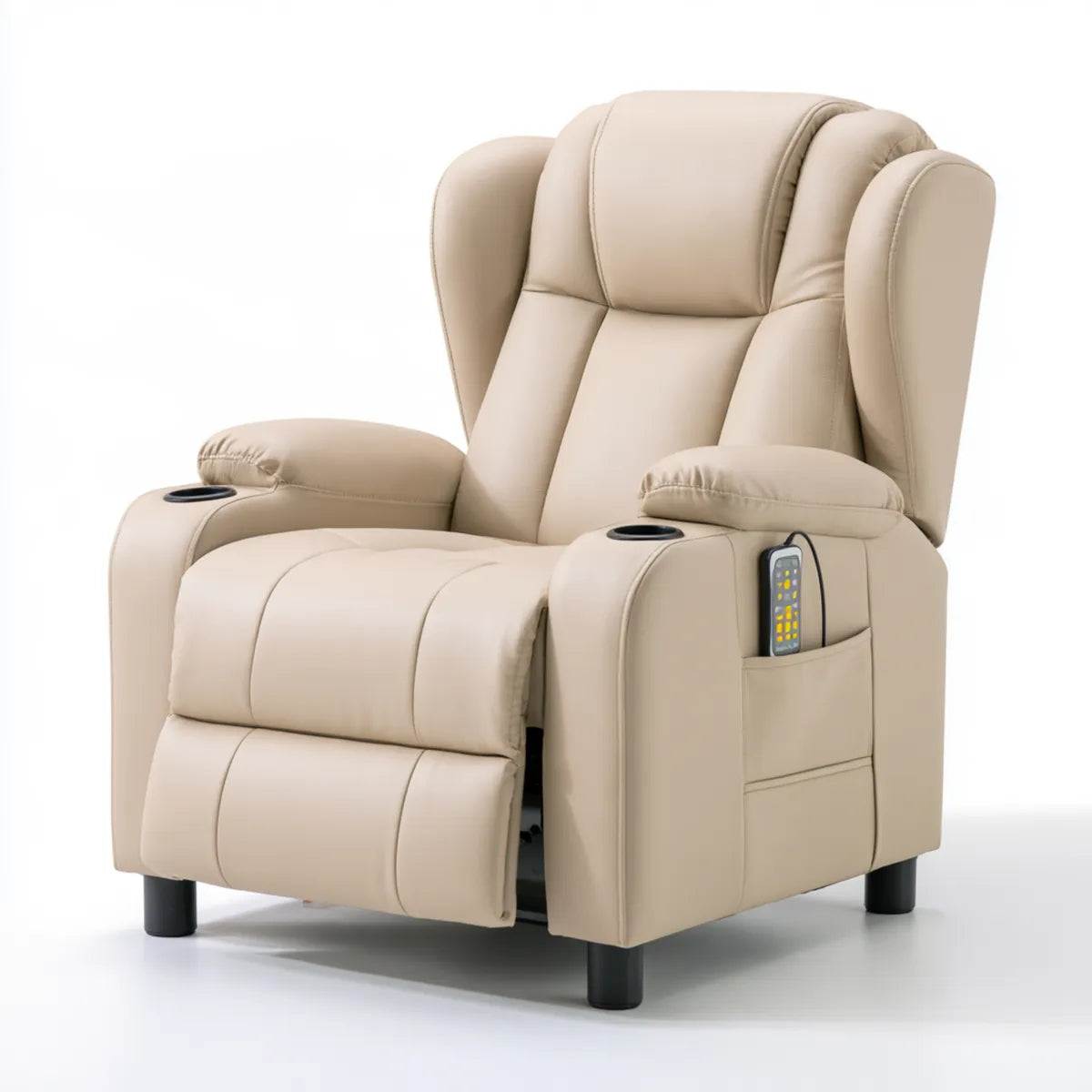 Beige PU Leather Power Recliner Armchair with Remote Control, Cup Holders and Side Pocket, 39.4 x 39.4 x 41.7 in