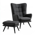 Dark Gray Wingback Armchair and Ottoman Set with Fabric Upholstery and Solid Wood Legs, 31.5 x 33.5 x 41.3 in