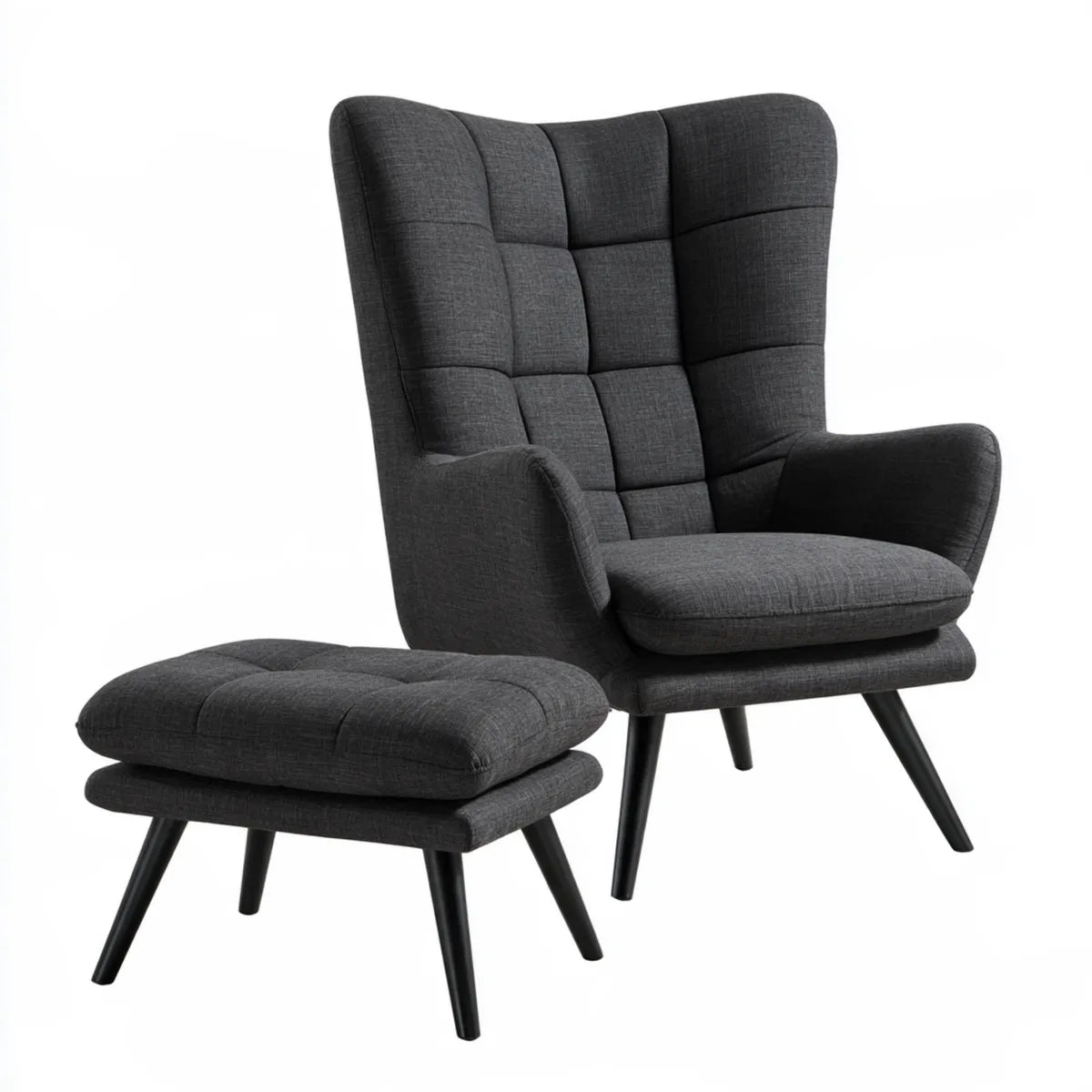 Dark Gray Wingback Armchair and Ottoman Set with Fabric Upholstery and Solid Wood Legs, 31.5 x 33.5 x 41.3 in