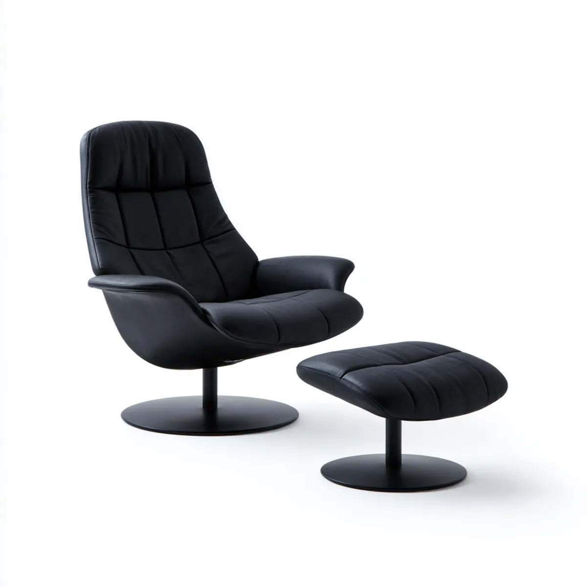 Black PU Leather Swivel Armchair and Ottoman Set with Round Steel Bases, 31.5 x 34 x 40 in
