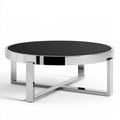 Round Coffee Table, 35.4 in Black Tempered Glass Top with Polished Stainless Steel Frame