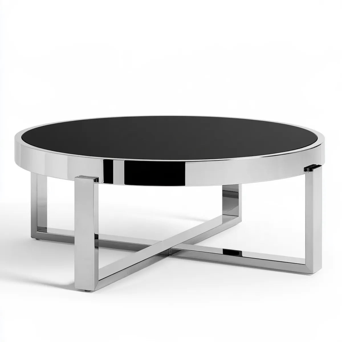 Round Coffee Table, 35.4 in Black Tempered Glass Top with Polished Stainless Steel Frame