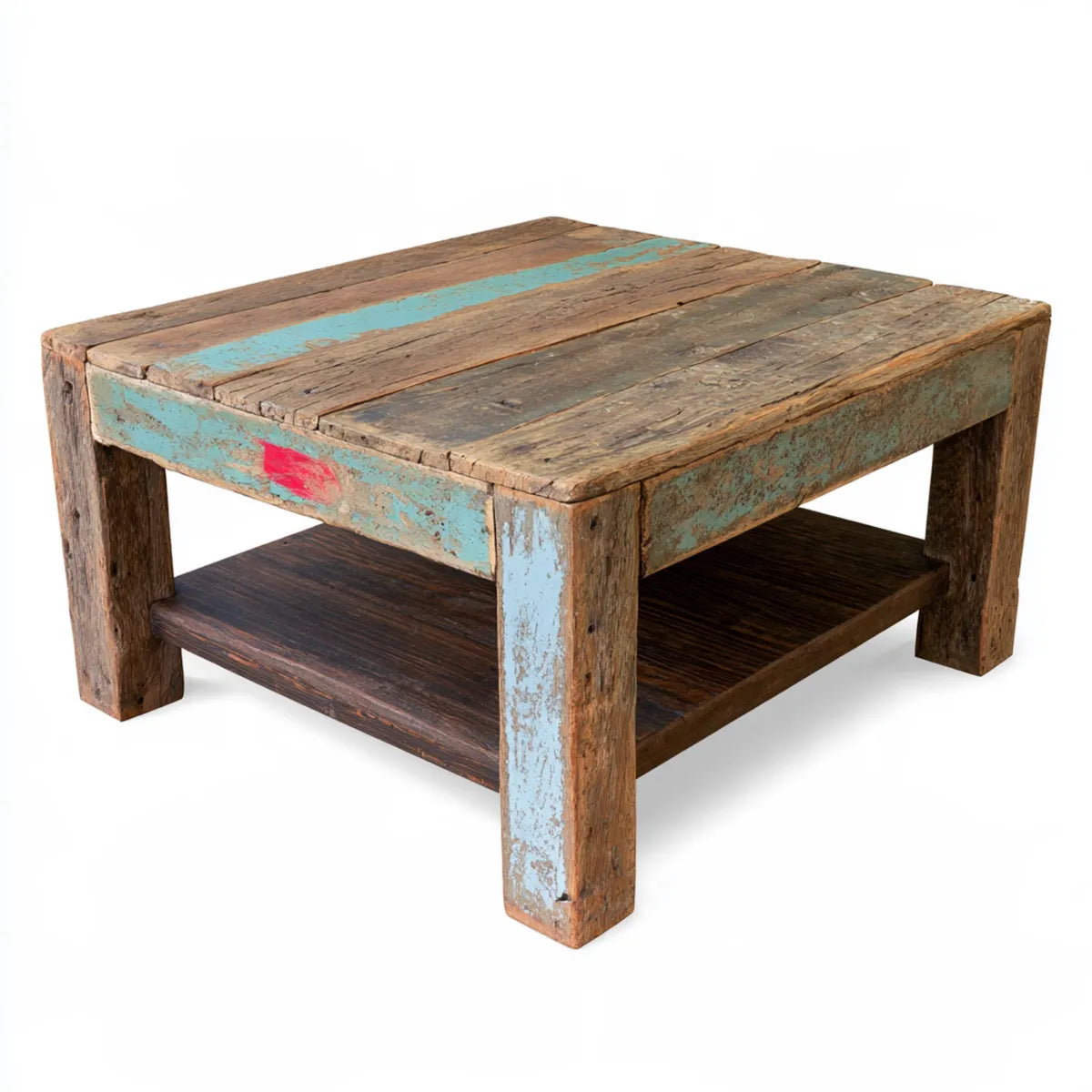 Reclaimed Solid Wood Coffee Table with Lower Storage Shelf, Multicolor, 35.4 x 23.6 x 17.7 in