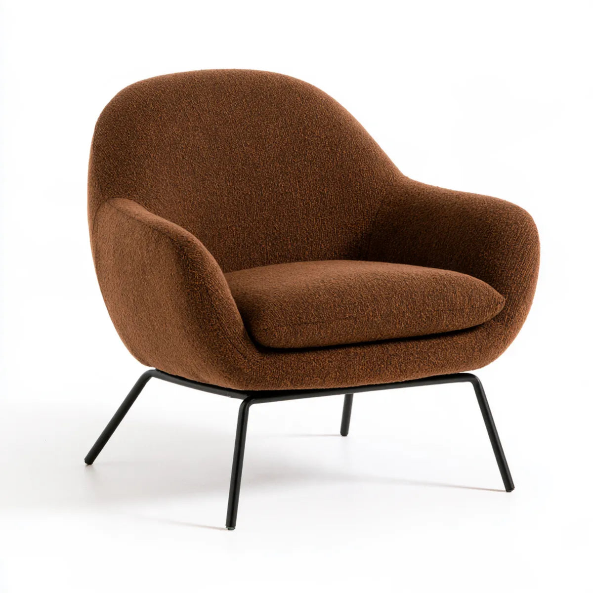 Boucle Upholstered Lounge Armchair, 31.5 in W x 30.7 in D x 31.9 in H, Brown Polyester, Black Steel Legs